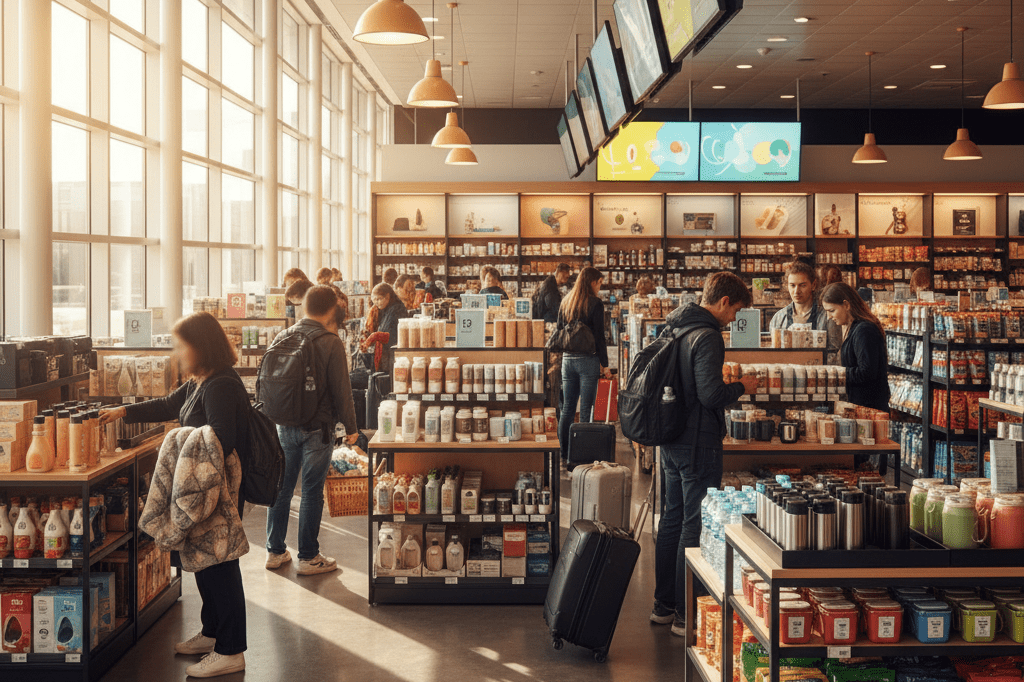 Travelers shopping for duty-free goods and accessories under natural light at an airport, reflecting seasonal spending trends