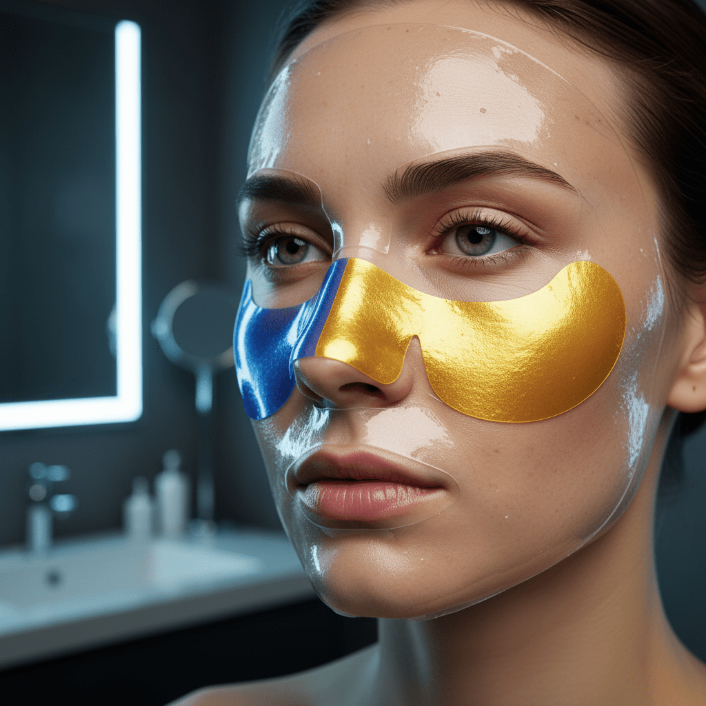 Model demonstrates temperature-activated nose strip shifting from blue to gold.