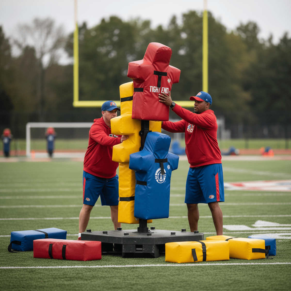 Modular football tackle dummy with interchangeable parts being assembled on a field.