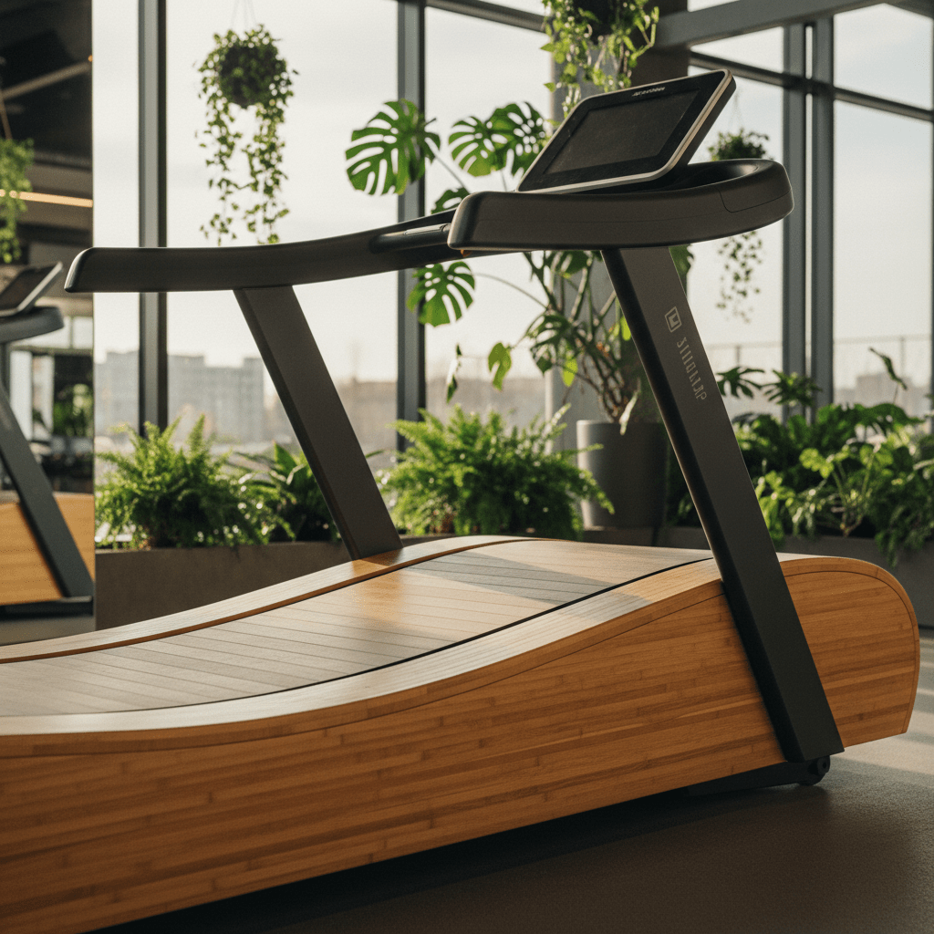Close-up of sustainable bamboo treadmill in a modern gym with indoor plants.