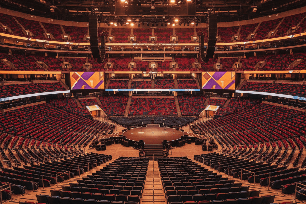 Wide-angle view of an expansive comedy event stage and seating area lit by warm ambient light, showcasing logistics of large-scale entertainment