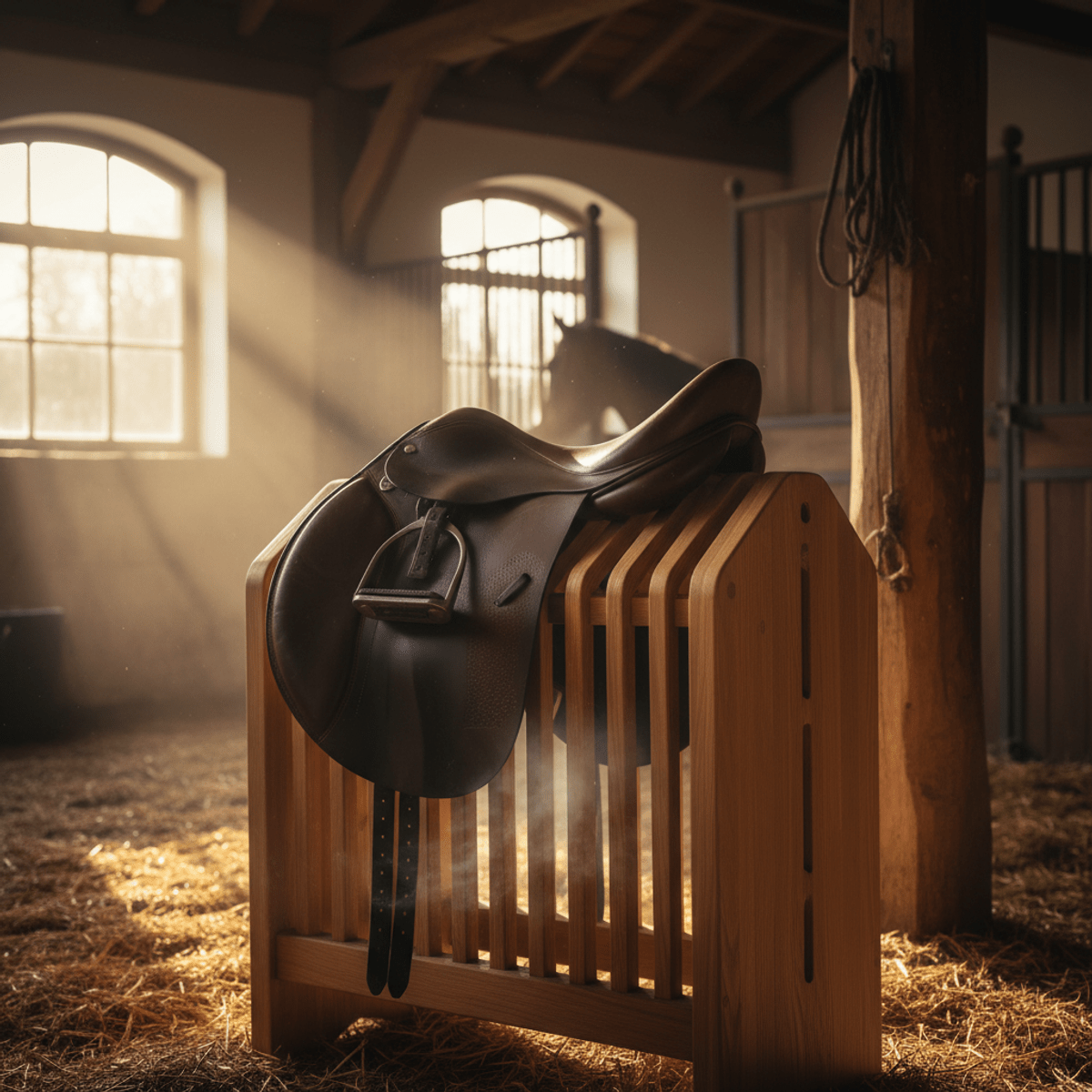 Wooden saddle rack with engineered slats providing airflow for a leather saddle.