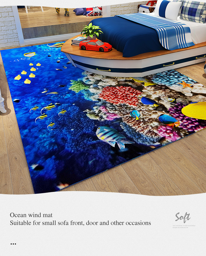 Children Cute Fluffy Cartoon Kids Blue 3D Ocean Series Carpet For Living Room Fish
