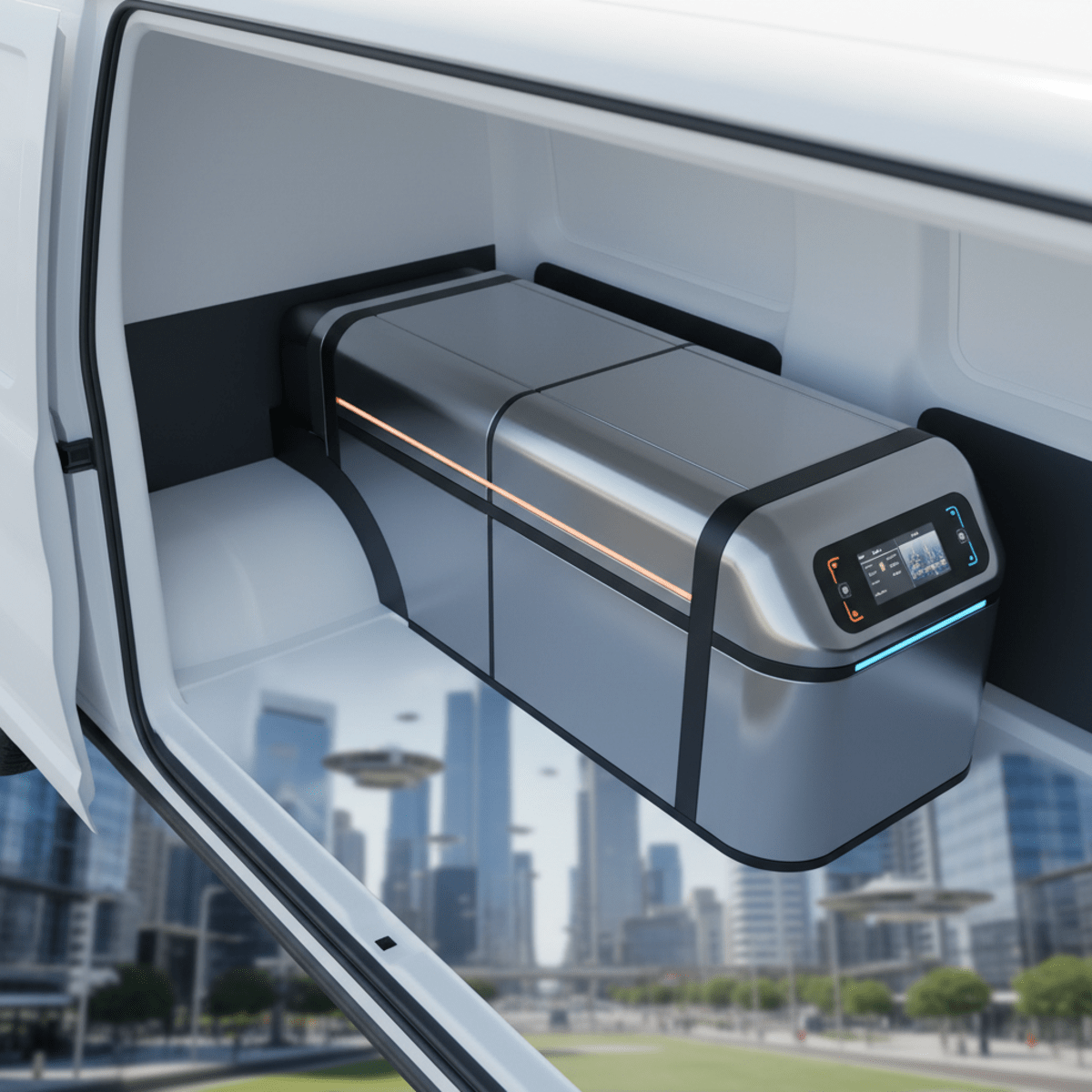 Compact carpet cleaner installed in a sleek, futuristic electric van's bright interior.