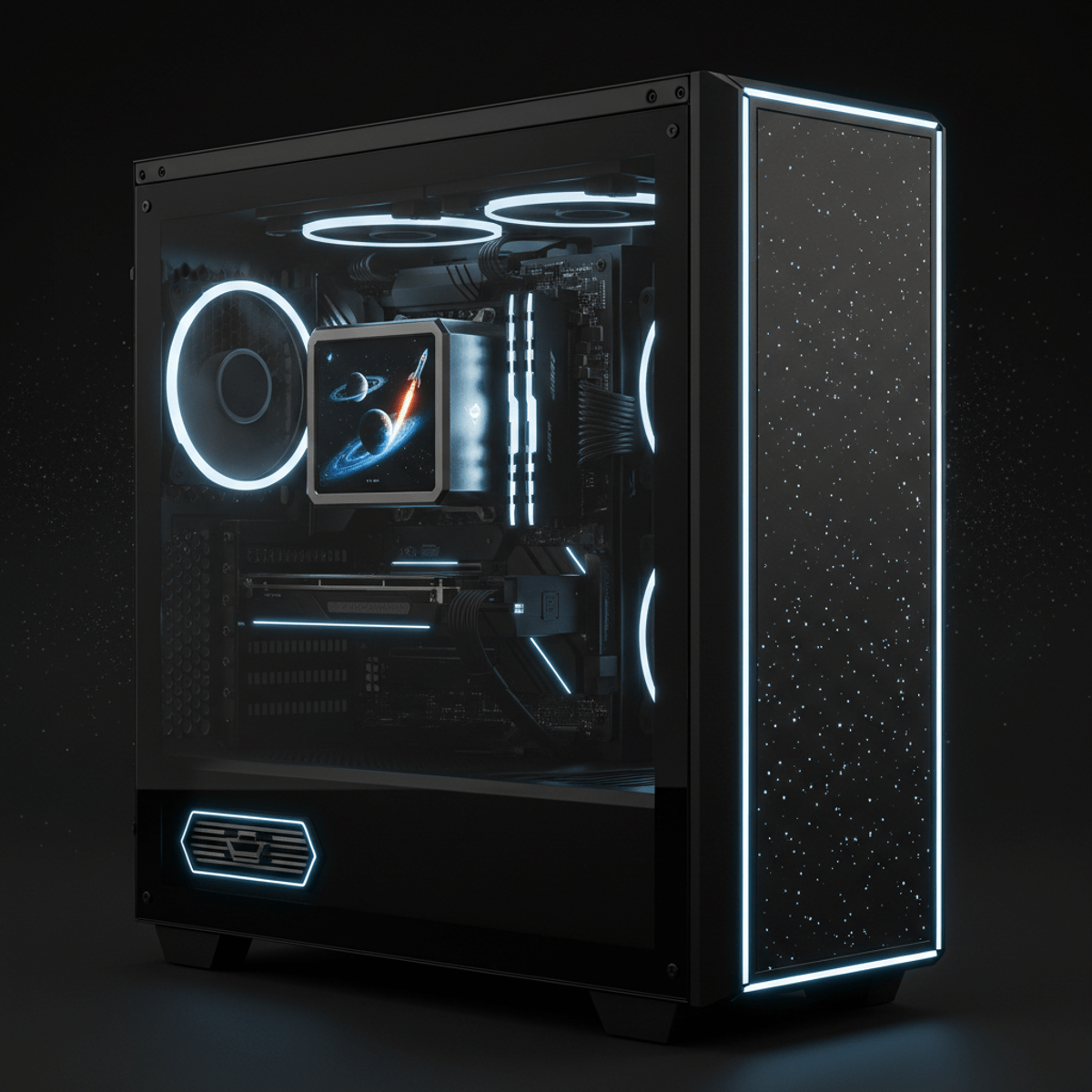 Sleek CPU cooler with embedded screen showing a rotating planetary system and spacecraft launch.