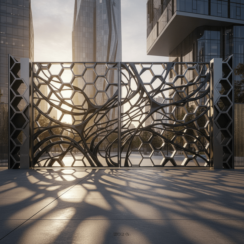 Futuristic steel gate with honeycomb pattern and robotic welded joints.