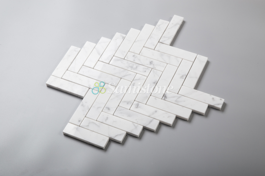 Samistone 1"x4" White Carrara Marble Tile Mosaic Herringbone Mosaic Bathroom Floor Tile