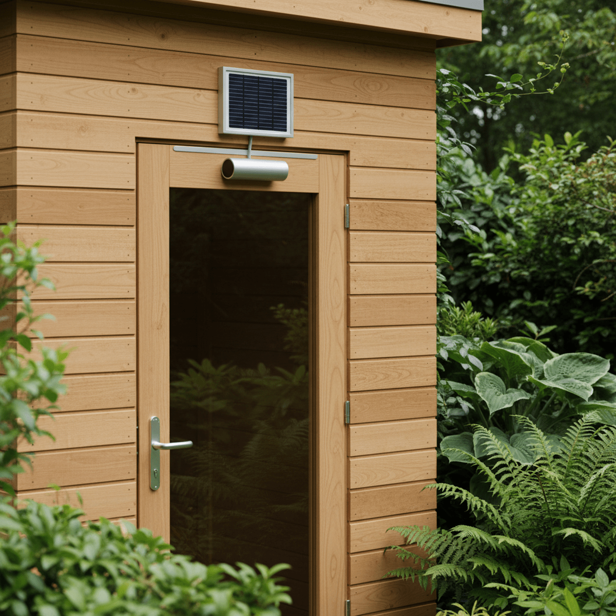 Sleek solar-powered auto door opener on a modern garden shed with brushed aluminum.