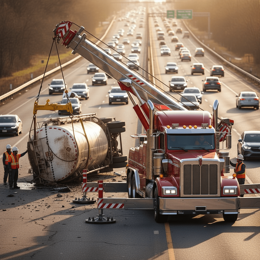 State-of-the-art tow truck righting an overturned tanker on a highway.