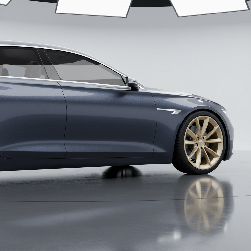 Executive sedan with graphite paint and champagne gold wheels in studio lighting.