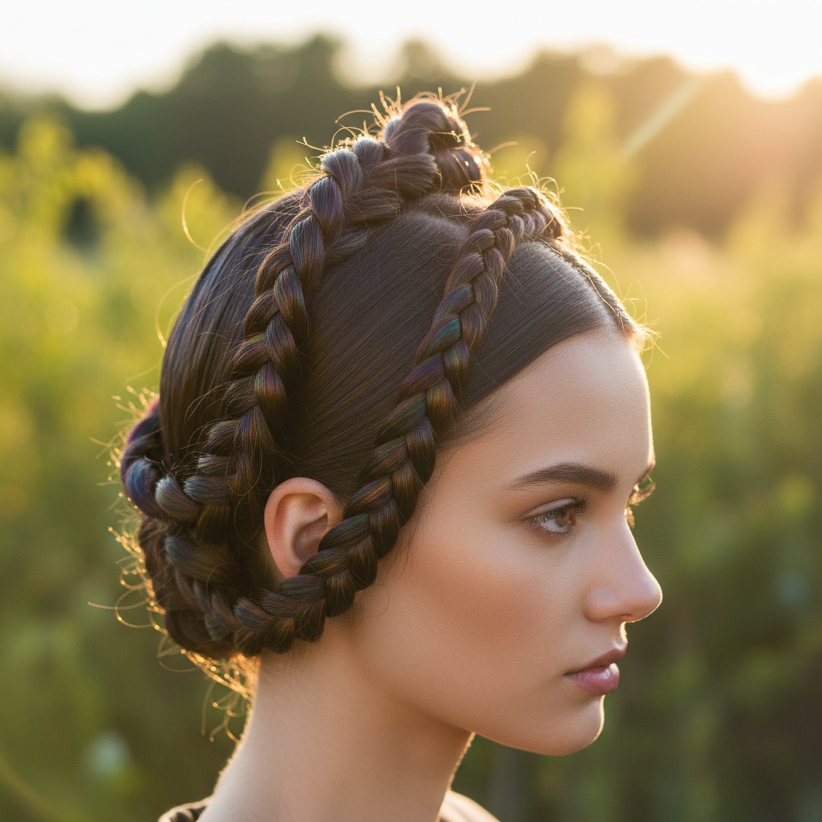 Model with sculptural rainbow oil-slick braided hair catching golden hour sunlight.