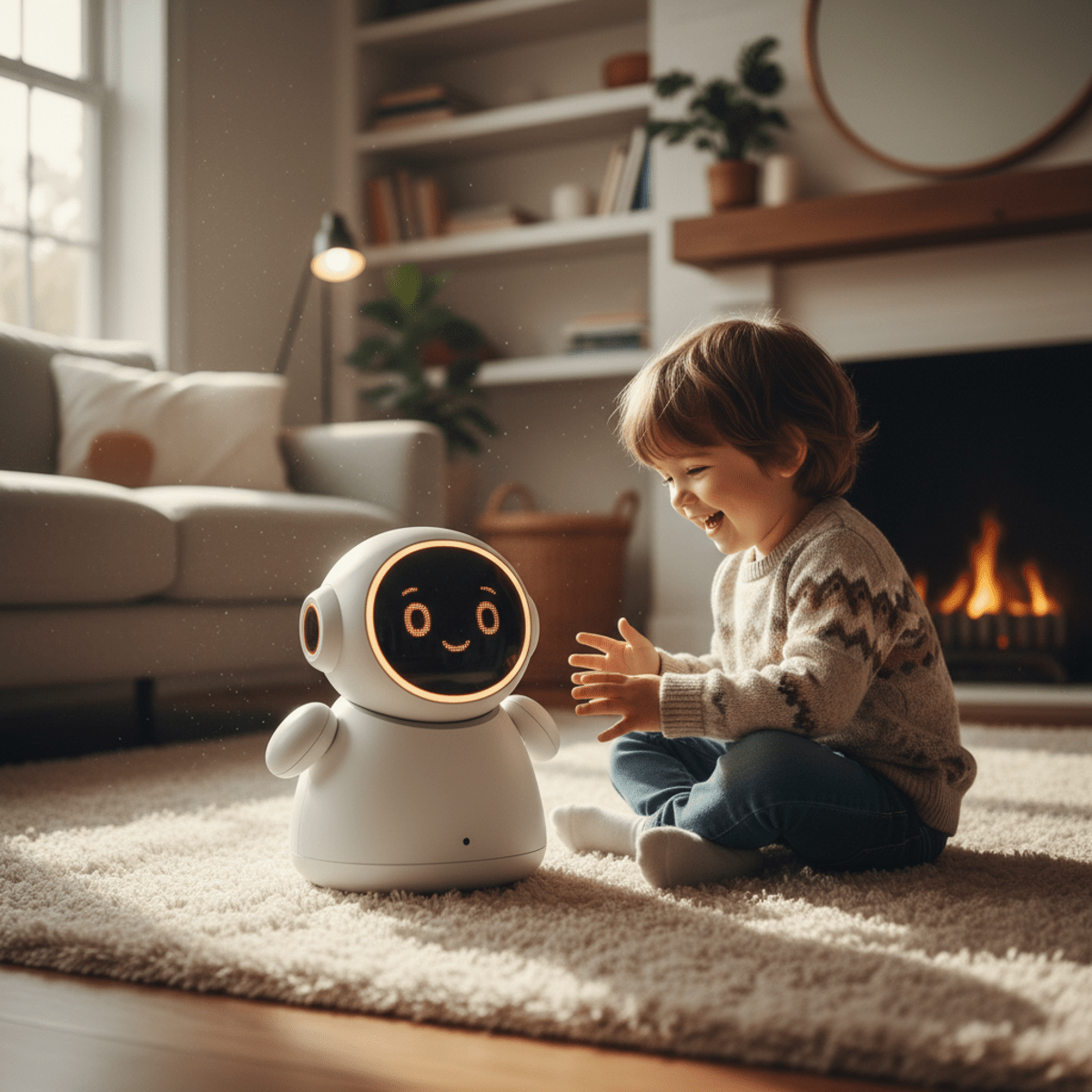 Child plays with a friendly AI toy companion on a plush rug in a modern living room.