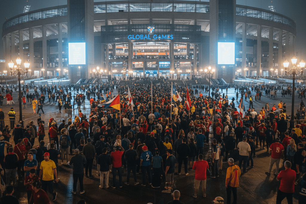 Wide-angle view of a busy stadium entrance filled with fans in team colors under ambient lighting