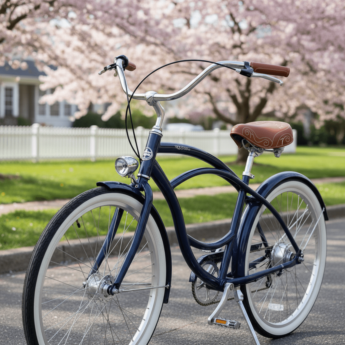 Close-up of a navy electric cruiser bike's ornate handlebars and wheel spokes.