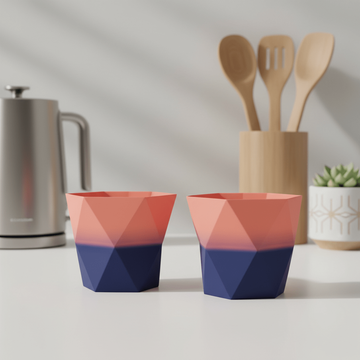 Collapsible silicone snack cups in vibrant color-block patterns on a white countertop.