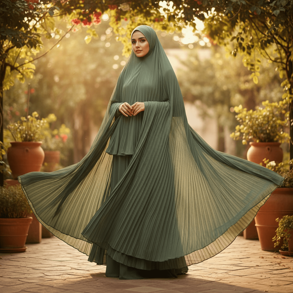 Sage green crinkle chiffon khimar, flowing, garden light Sage green crinkle chiffon khimar with flowing silhouette in golden hour garden light.