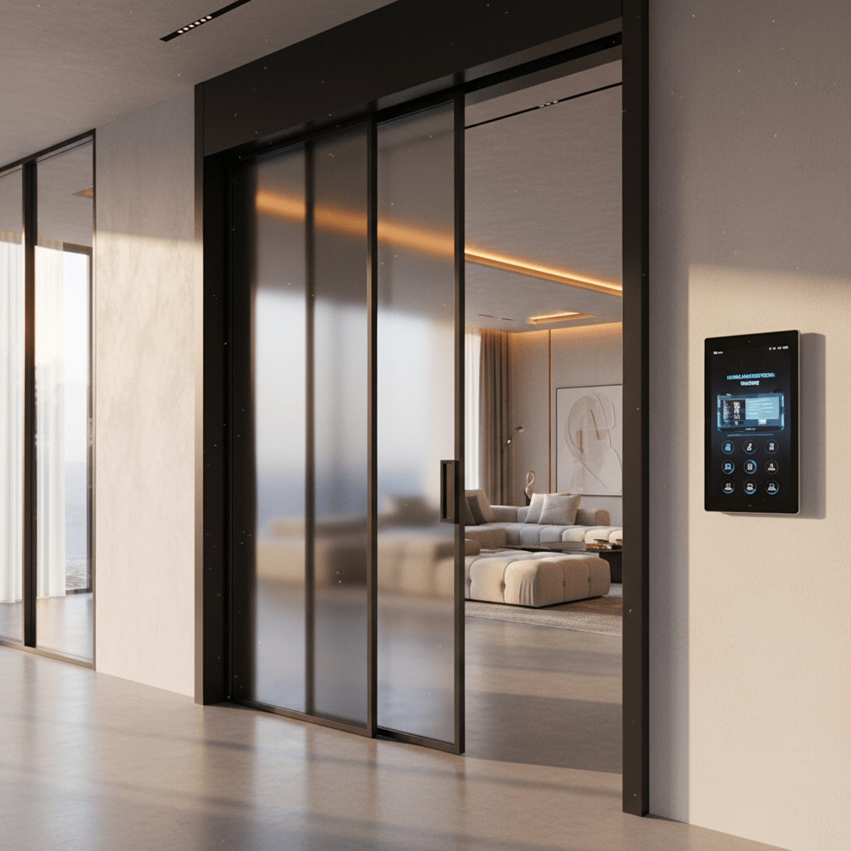 Luxury foyer with automated glass and metal door opening, smart lighting, and concrete floor.