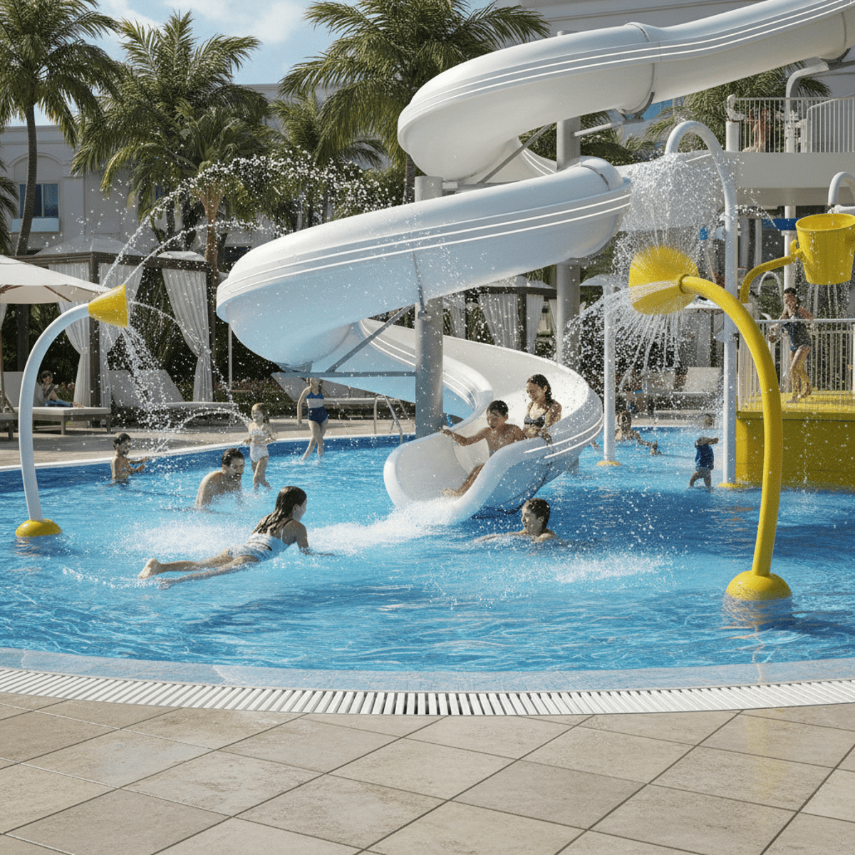 Modern inground pool slide with water features and families enjoying aquatic activities.