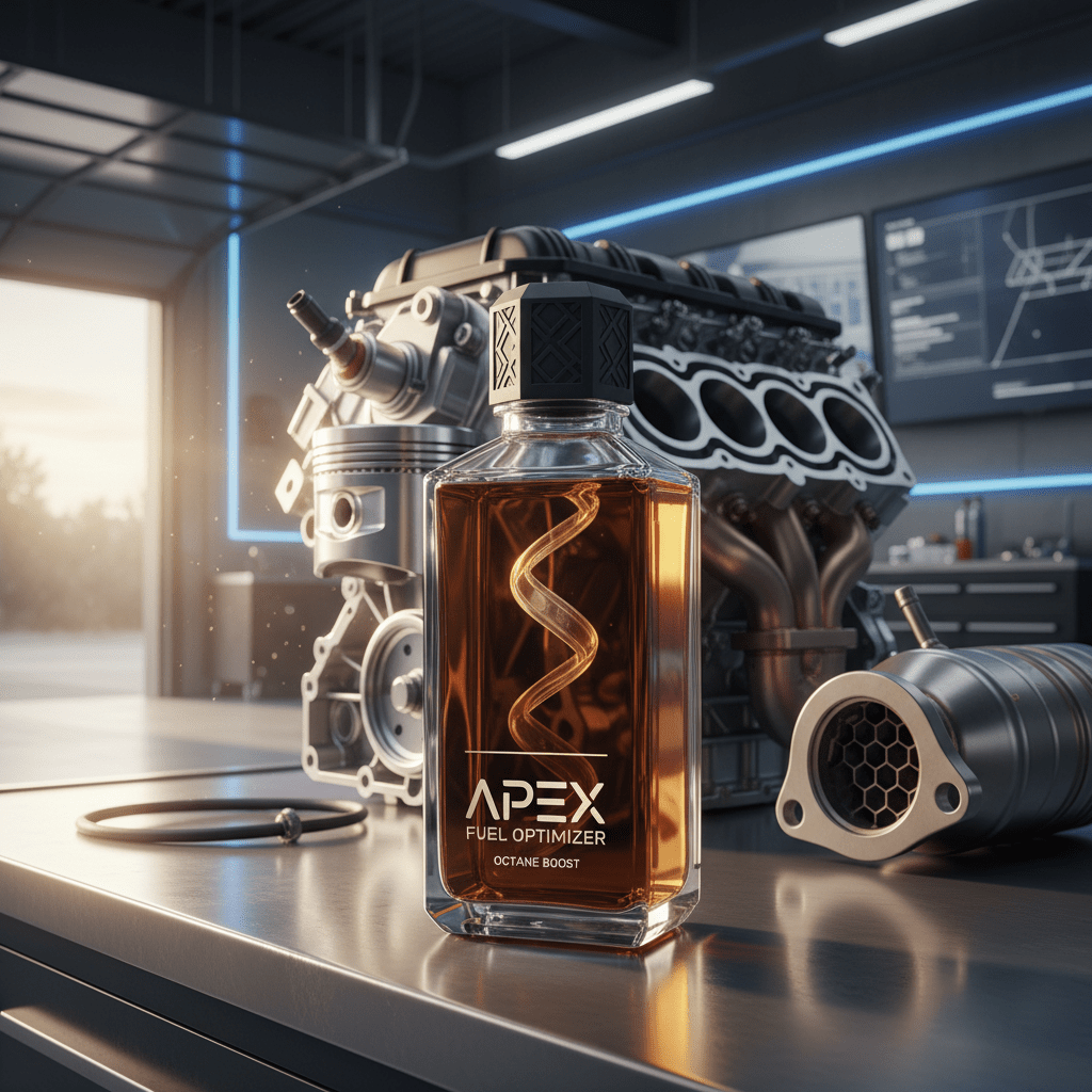 Futuristic octane booster bottle in high-tech garage with engine details.