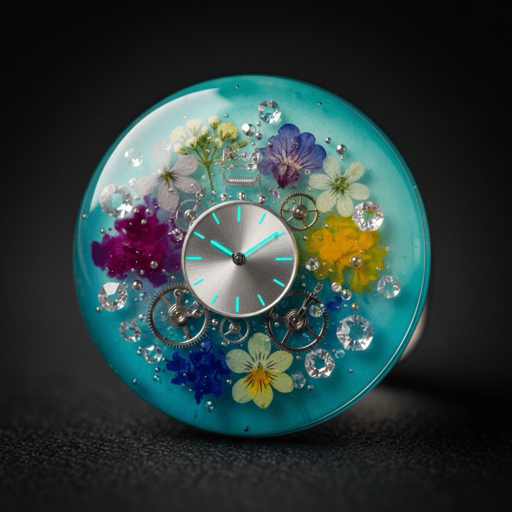 Macro view of a teal resin ring watch with silver components and wildflowers.