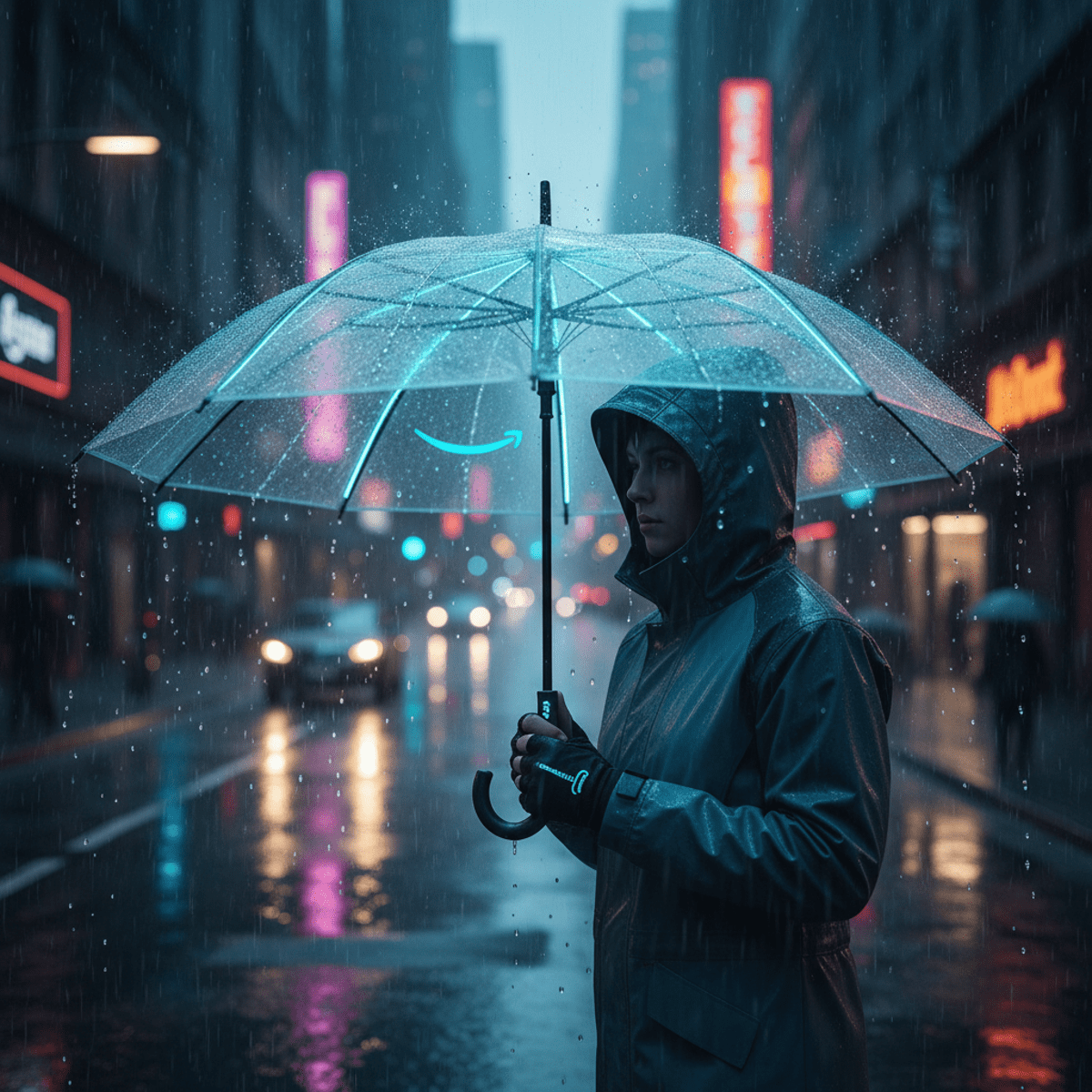 Traveler holds a futuristic umbrella with microscopic patterns on a rainy street.