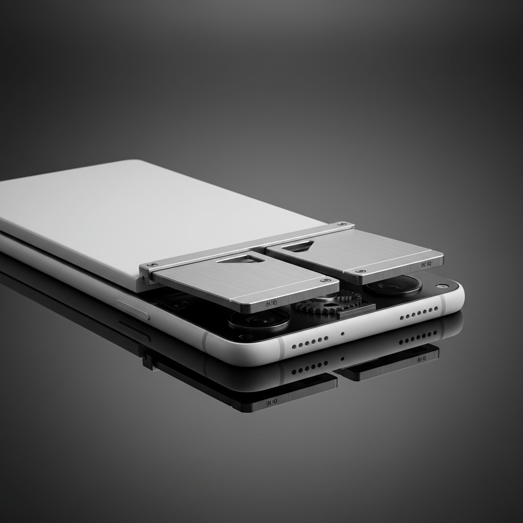 Monochromatic sliding smartphone with mechanical metal shutters sealing camera lenses.