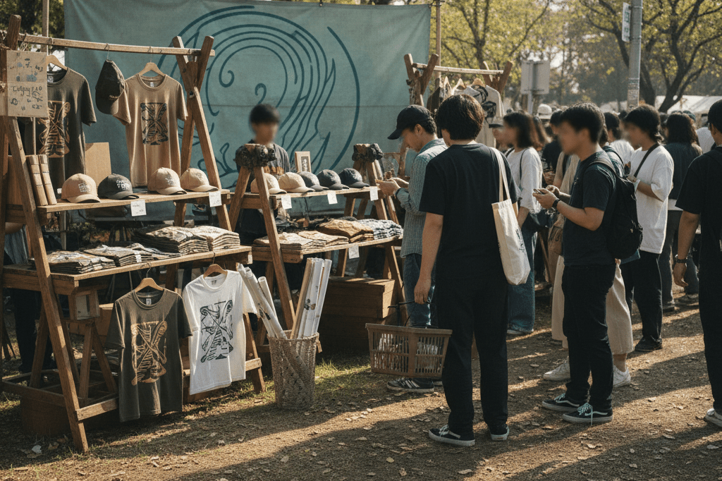 Wide-angle view of a bustling outdoor merch booth with branded apparel and accessories under natural light, highlighting strategic scarcity marketing