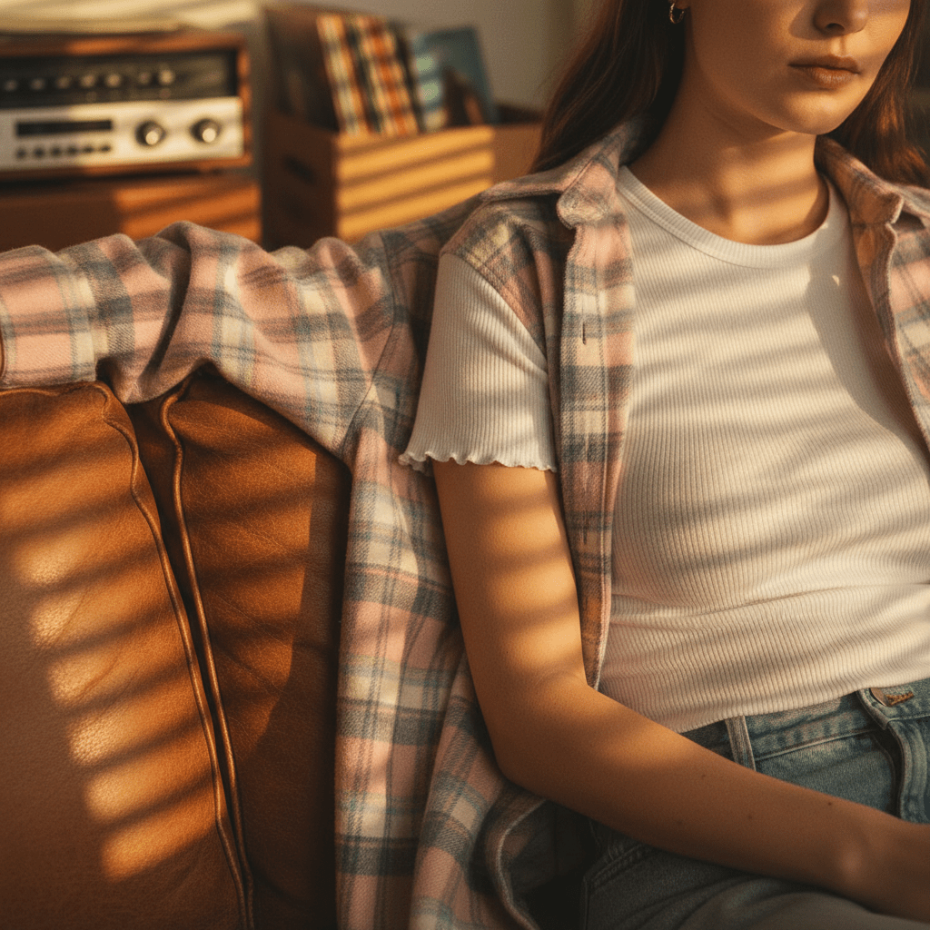 Model wears ribbed baby tee under flannel on couch, bathed in golden light.