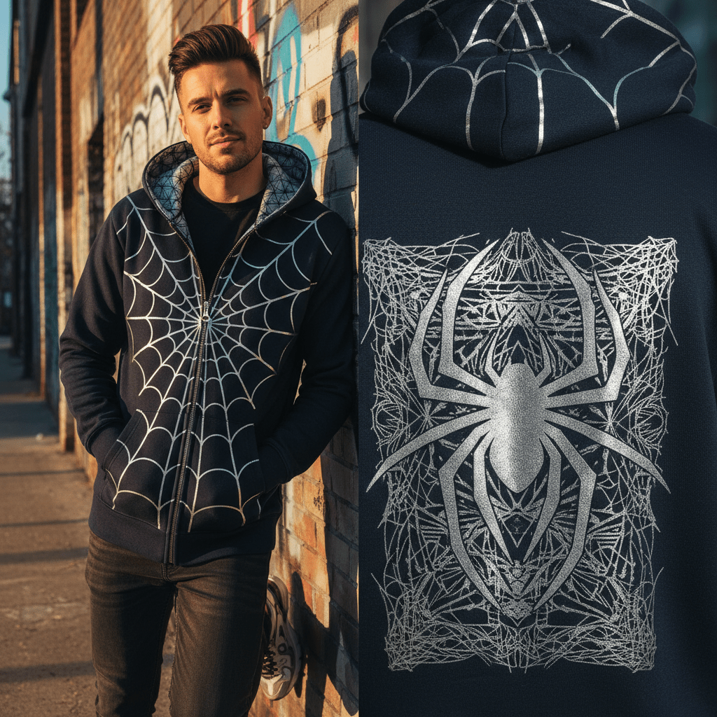 Model wearing a navy hoodie with a metallic spiderweb graphic, set against a brick wall.