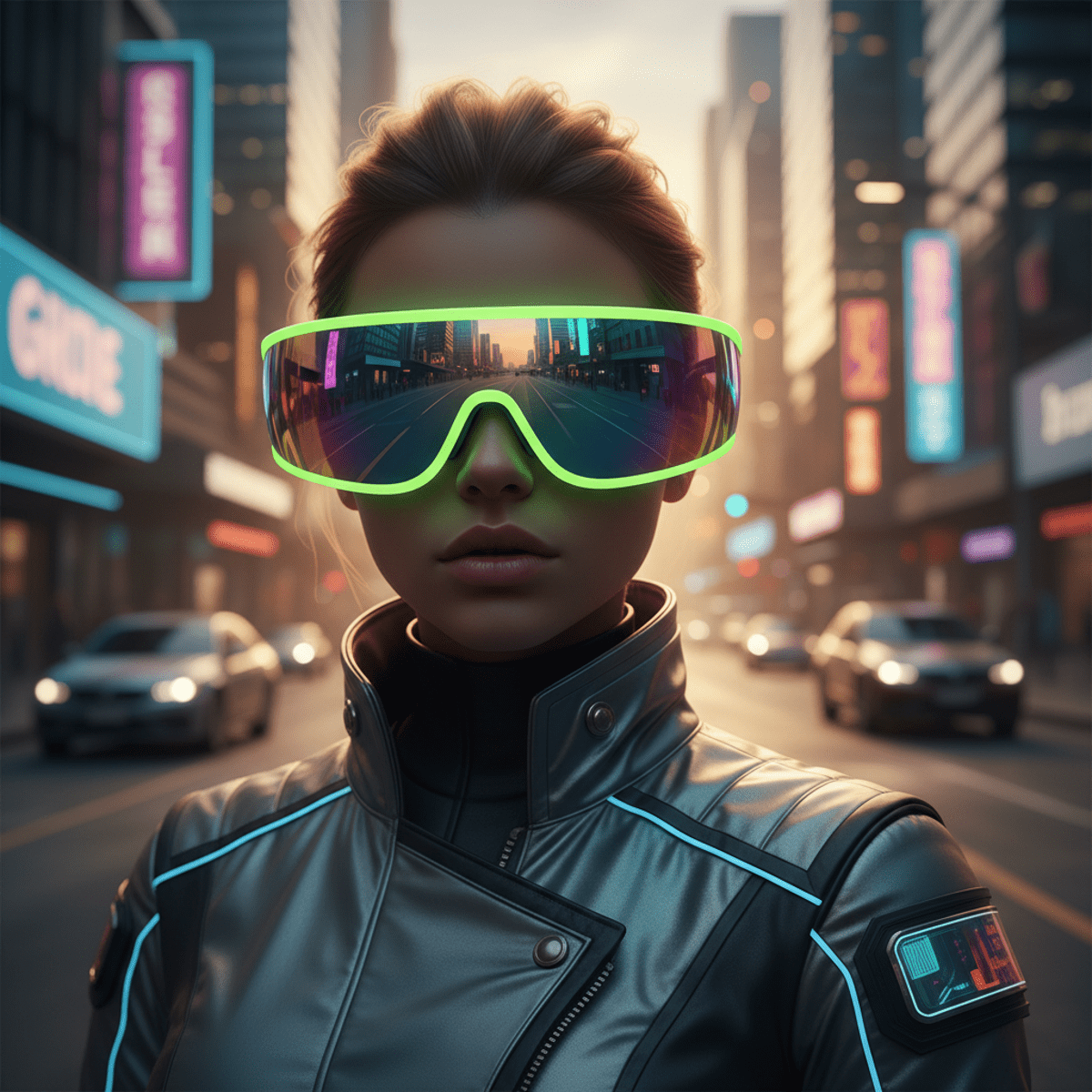 Sleek neon green wraparound sunglasses with iridescent lenses in a city scene.