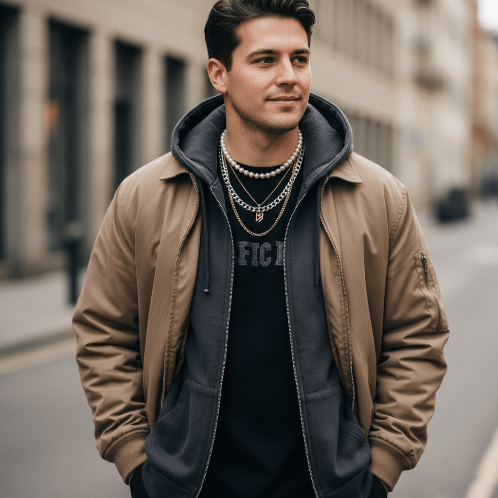 Man wearing layered pearl, silver chain, and gold pendant jewelry with streetwear.