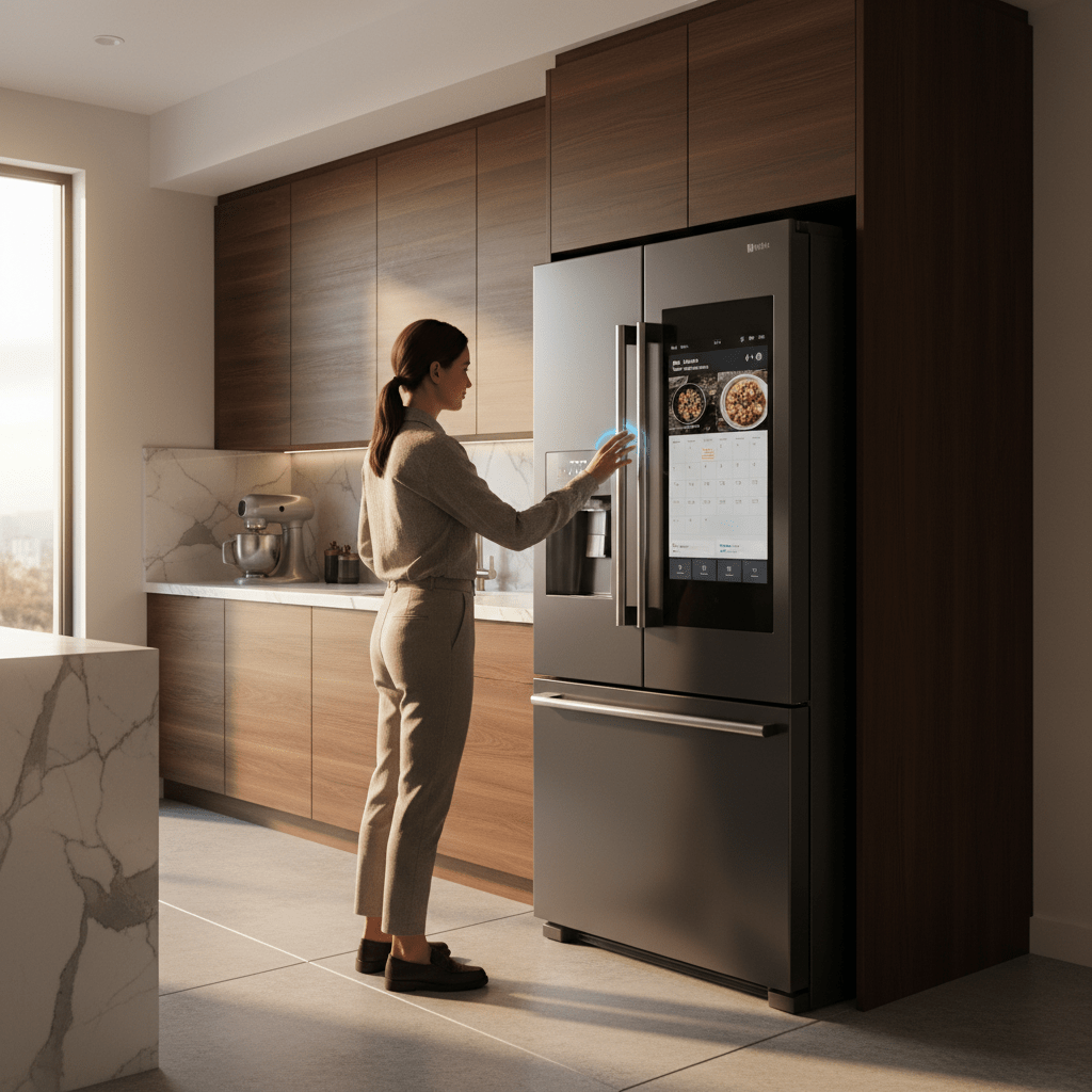AI-powered smart refrigerator in a modern kitchen displaying family calendar and meal plans.
