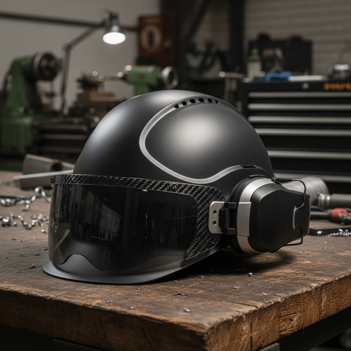 Sleek, matte futuristic hard hat with magnetic attachments for safety gear.