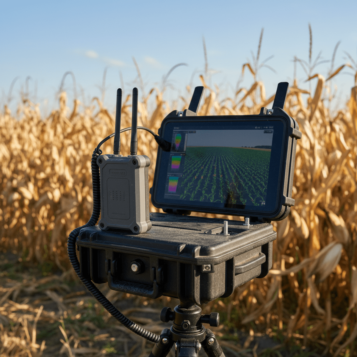 Rugged WiFi dongle and drone control station in golden cornfields.