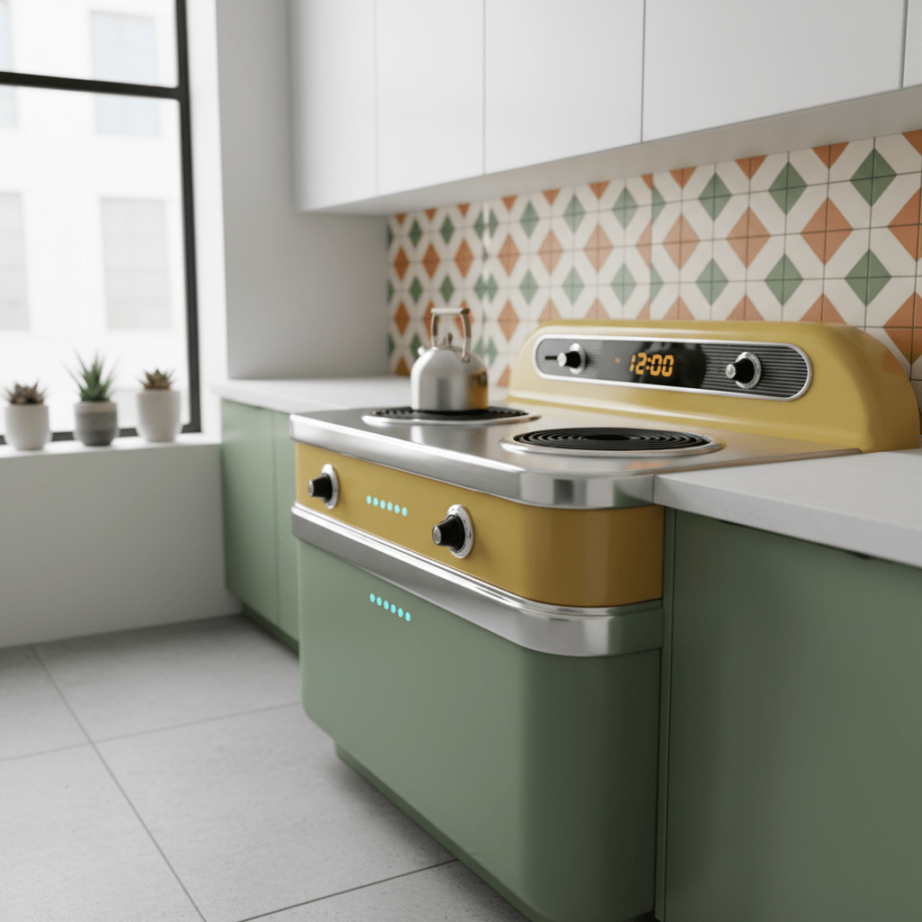 Retro-futuristic stove in mustard yellow and avocado green in a modern kitchen.