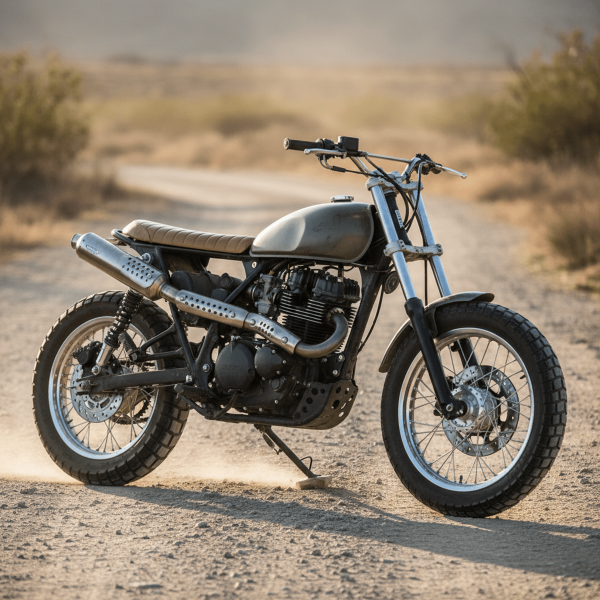 Rugged military green scrambler motorcycle parked on a dusty trail.