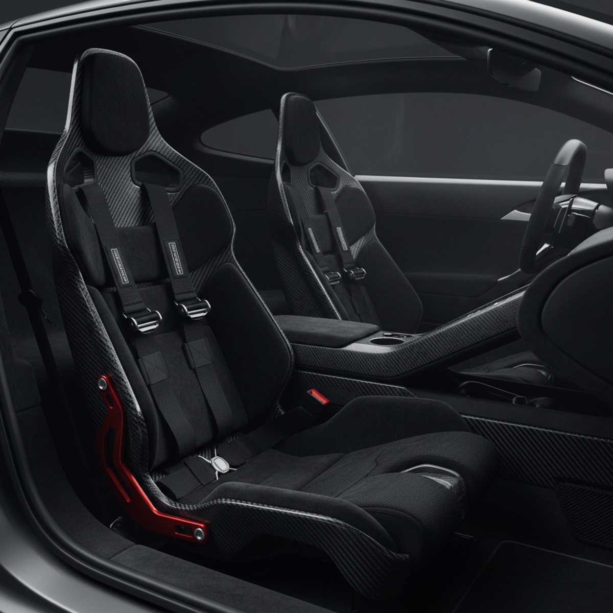 Close-up of futuristic carbon bucket seats with perforated Alcantara and mesh.