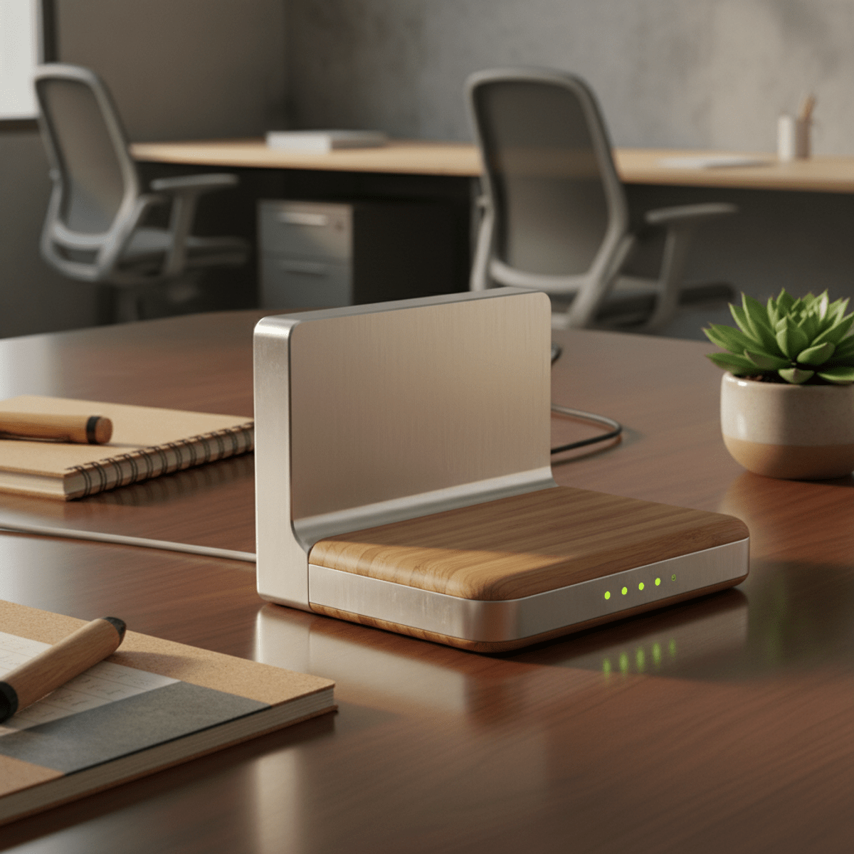 High-performance Wi-Fi dongle with bamboo casing on a charging pad.