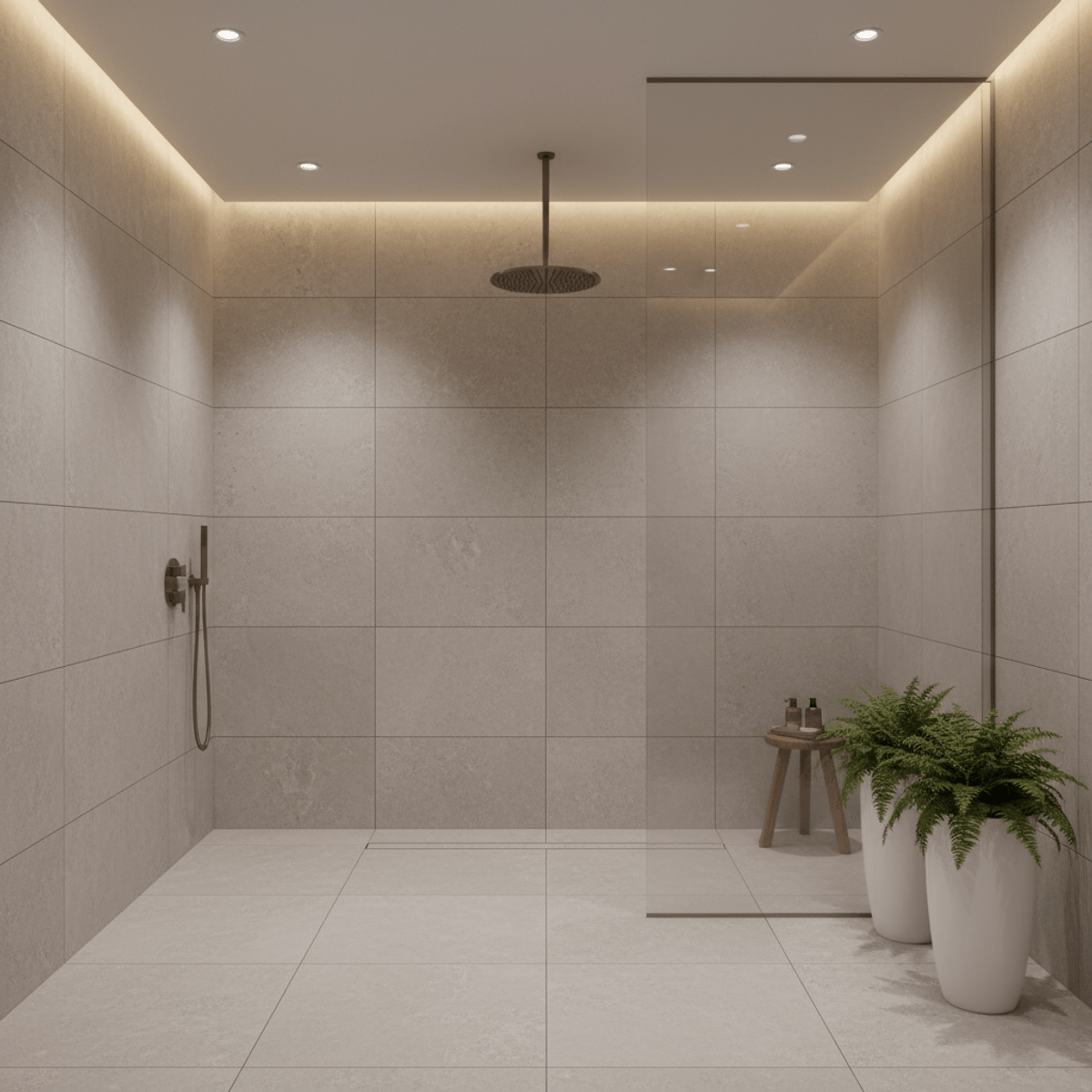 Sleek luxury wet room with natural stone and rainfall shower. Modern wet room with pale grey stone flooring and a frameless glass shower divider.