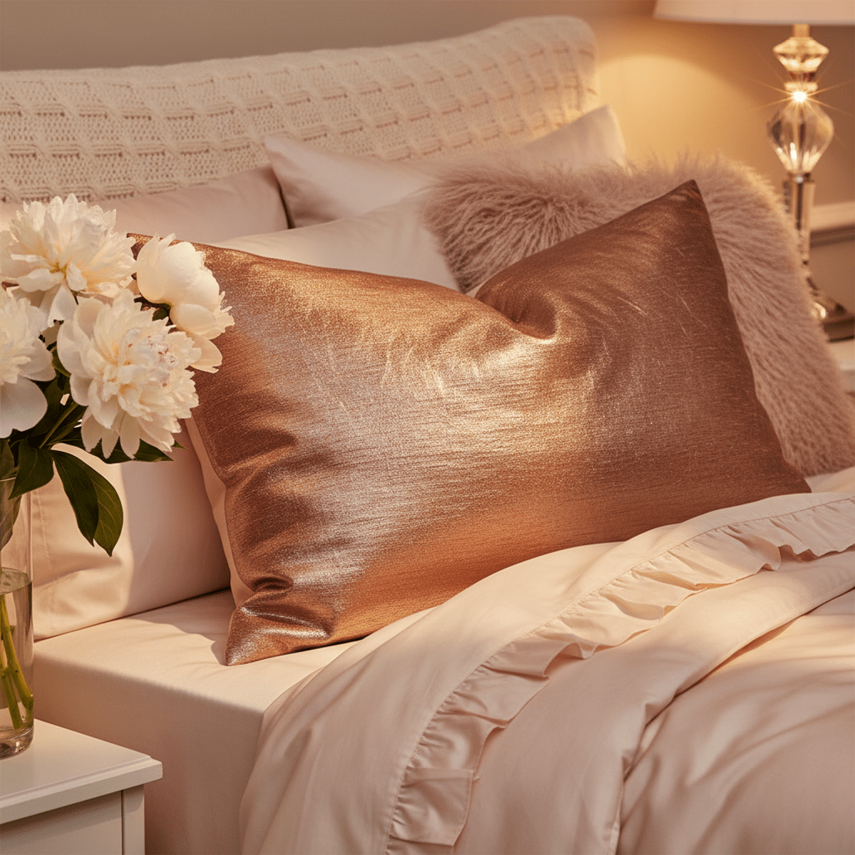 Plush rose-gold copper pillow on ivory bedding with pink accents and soft lighting.