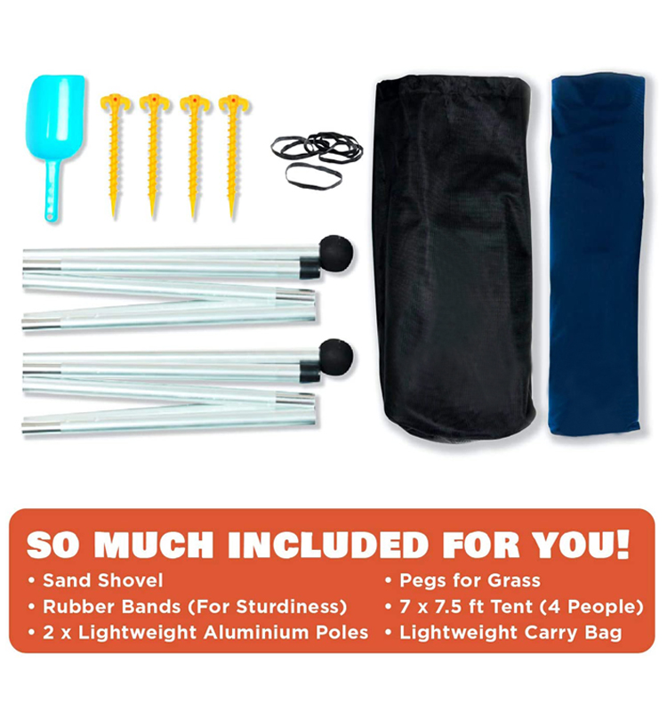 2020 New Design Portable Huge Lycra, Fabric Aluminium Pole Rod Quick Setup Windproof Uv Protect Large Family Beach Tarp Shade/
