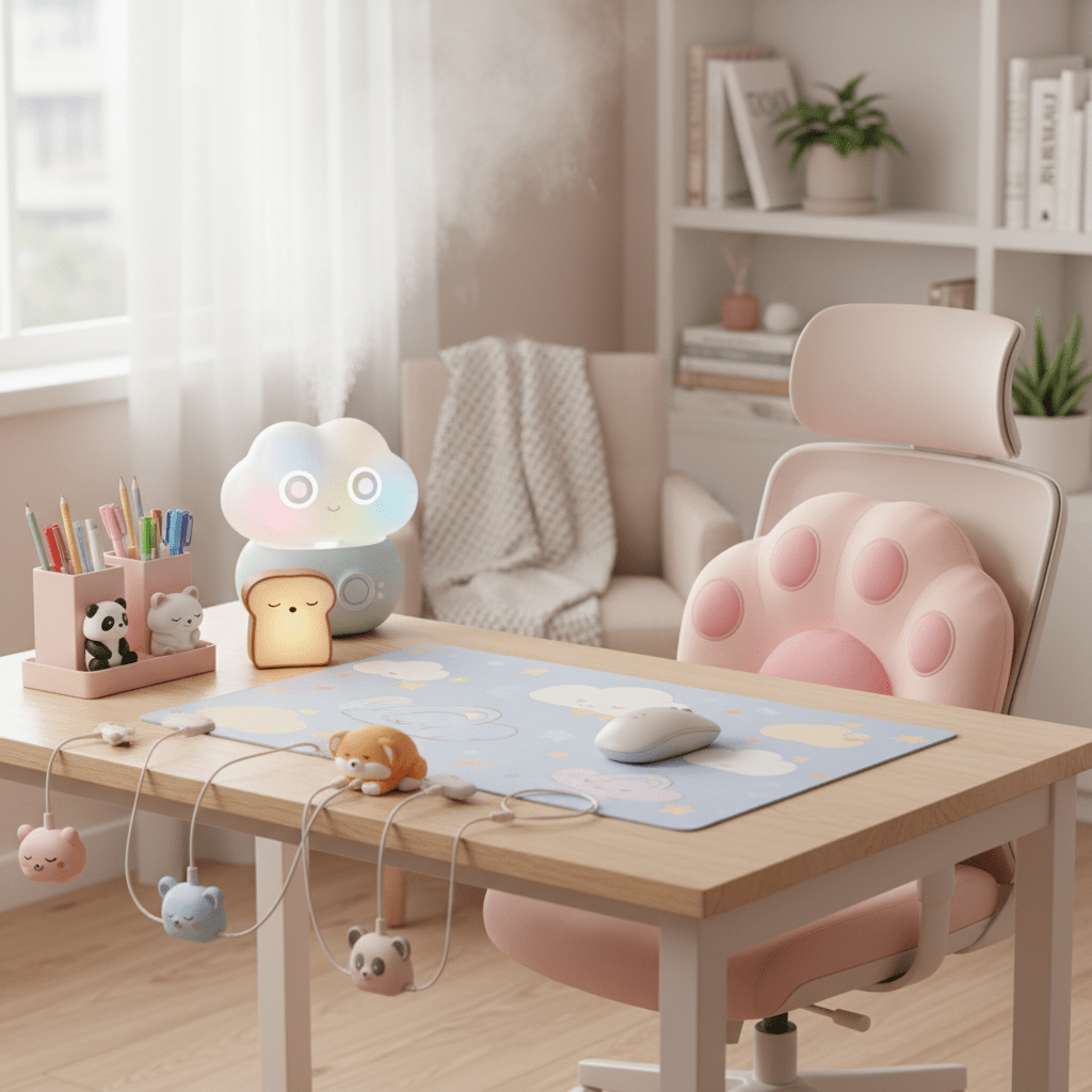 Cozy home office with cloud humidifier, cat paw cushion, and toast light.