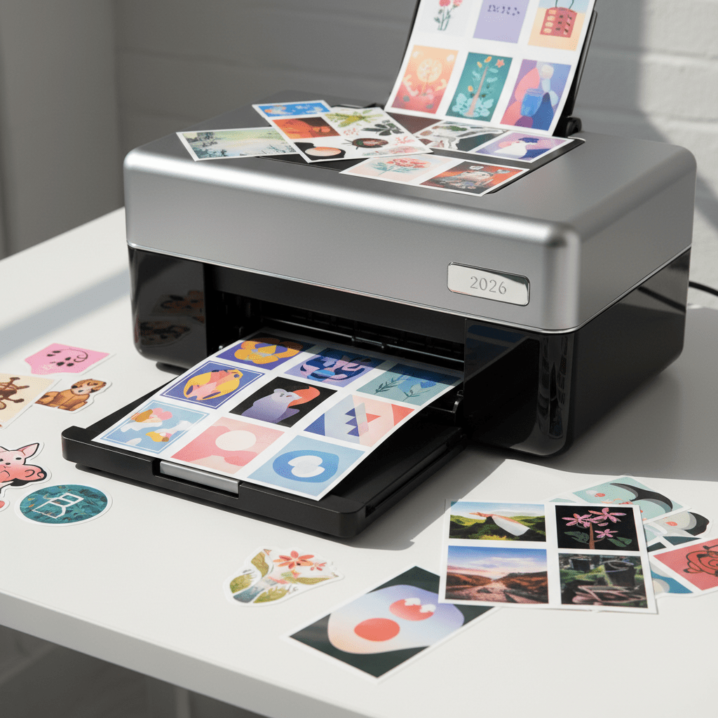 Professional sticker printer showcasing vibrant art stickers on glossy and matte vinyl.