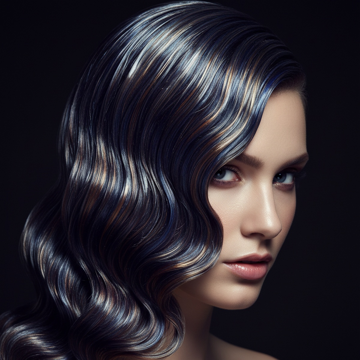 Model with slick, wave-styled hair featuring molten chrome metallic undertones and deep jewel tones.