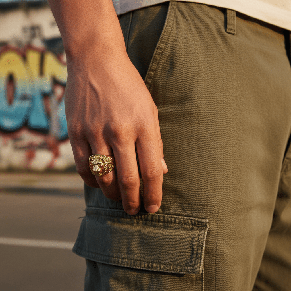 Close-up of a bold gold ring on a hand against 90s hip hop pants and mural.