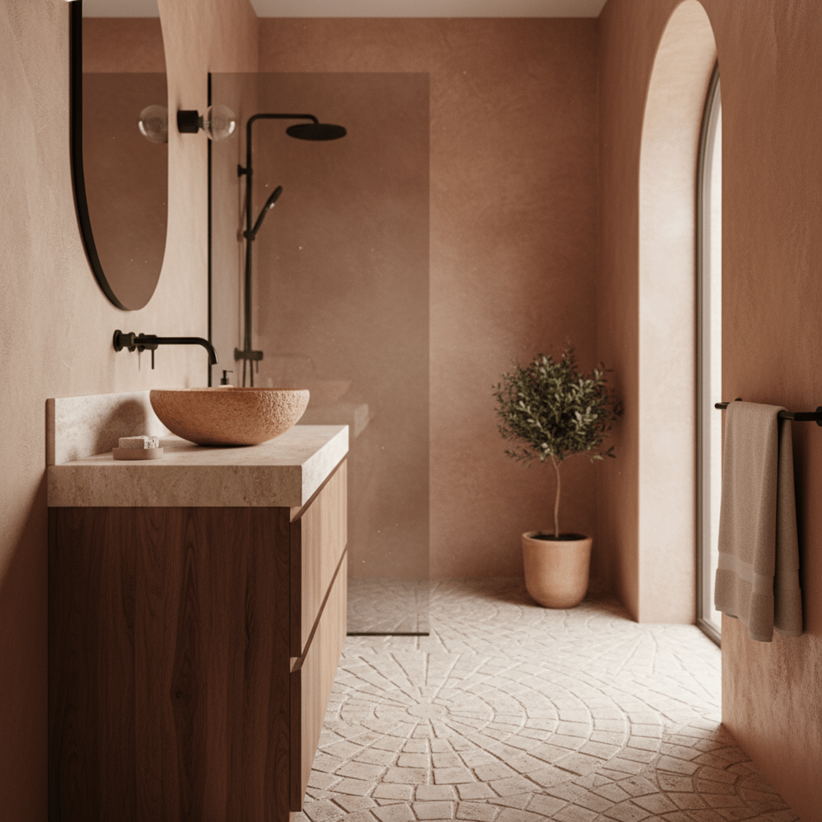 Luxury Mediterranean bathroom with limewash walls, terracotta tiles, and a rustic walnut vanity.