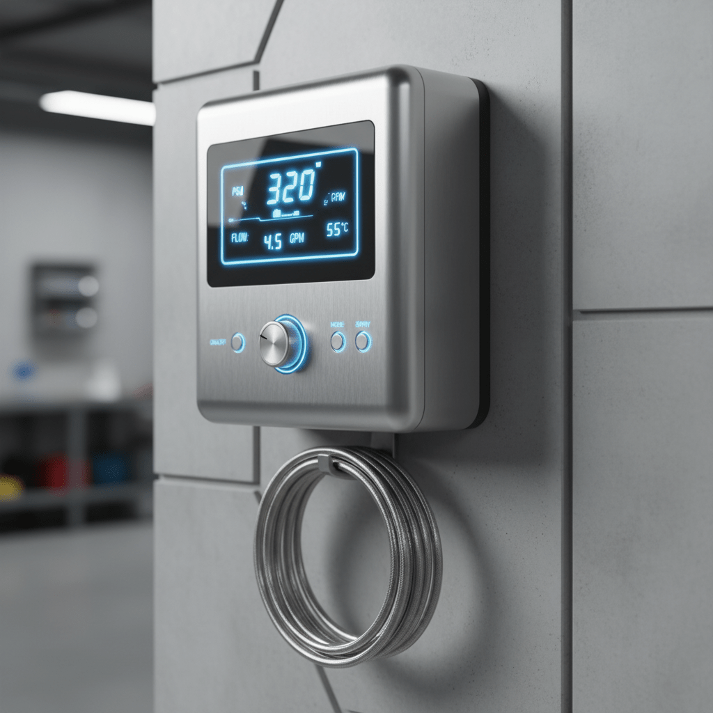 Close-up of futuristic power washer control panel with glowing blue digital readouts.