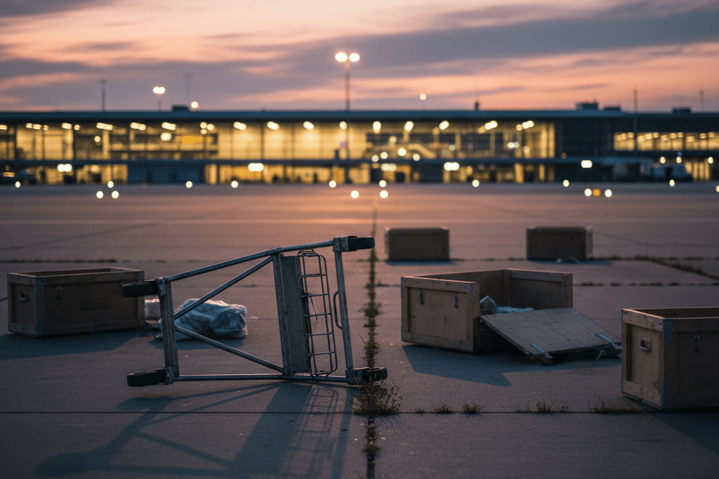 Dusk view of an airport runway with cargo boxes and a luggage cart, symbolizing supply chain challenges during labor disputes