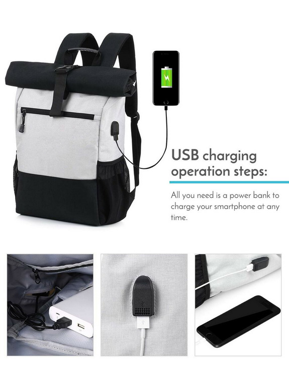 تصميم جيد حقيبة ظهر rpet لفة أعلى دائم التصميم نشمر على ظهره مع منفذ شاحن USB