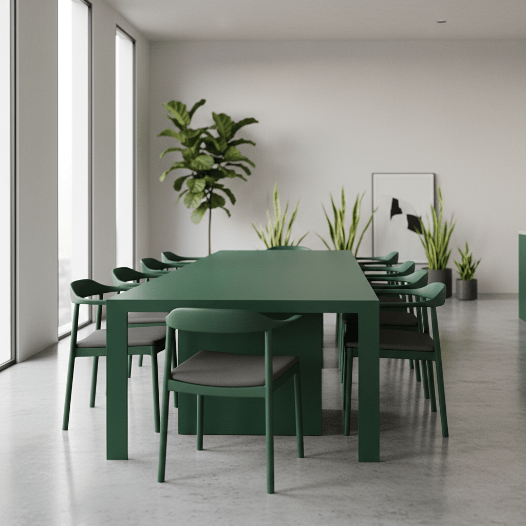Cohesive forest green dining table, modern minimalist design. A deep forest green matte lacquer dining table with smooth, continuous surfaces.